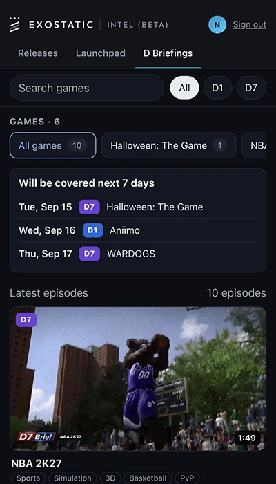 The video briefings hub on a phone, showing the briefings scheduled for the coming week and the latest NBA 2K27 episode